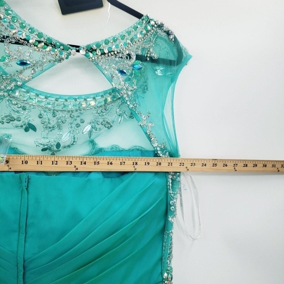 Rachel Allan 22w Prom Dress Teal Beaded Sequin Cap Sleeve Mesh Layered Maxi Long - Picture 10 of 16